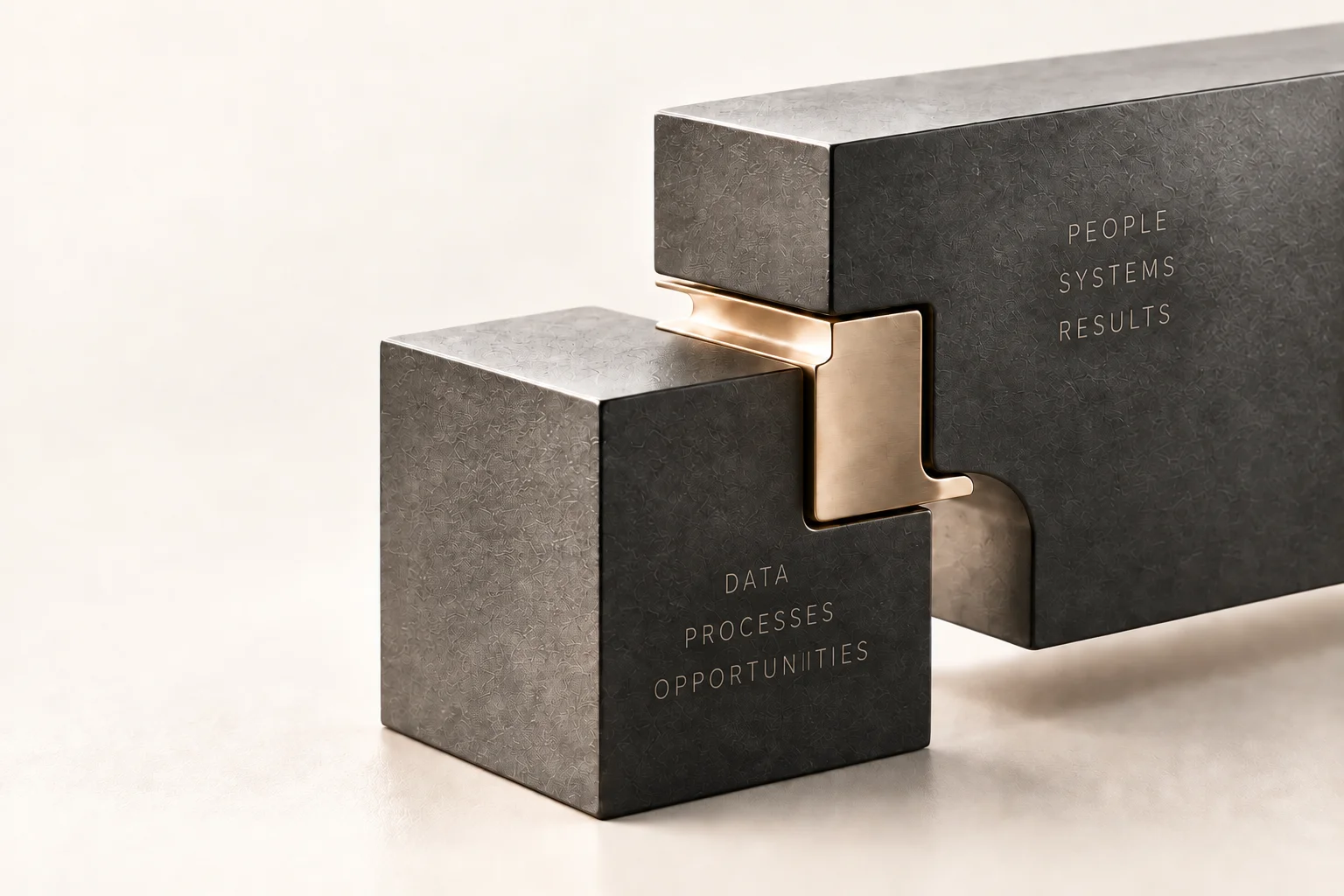 Connected blocks: data, processes and opportunities; people, systems and results.